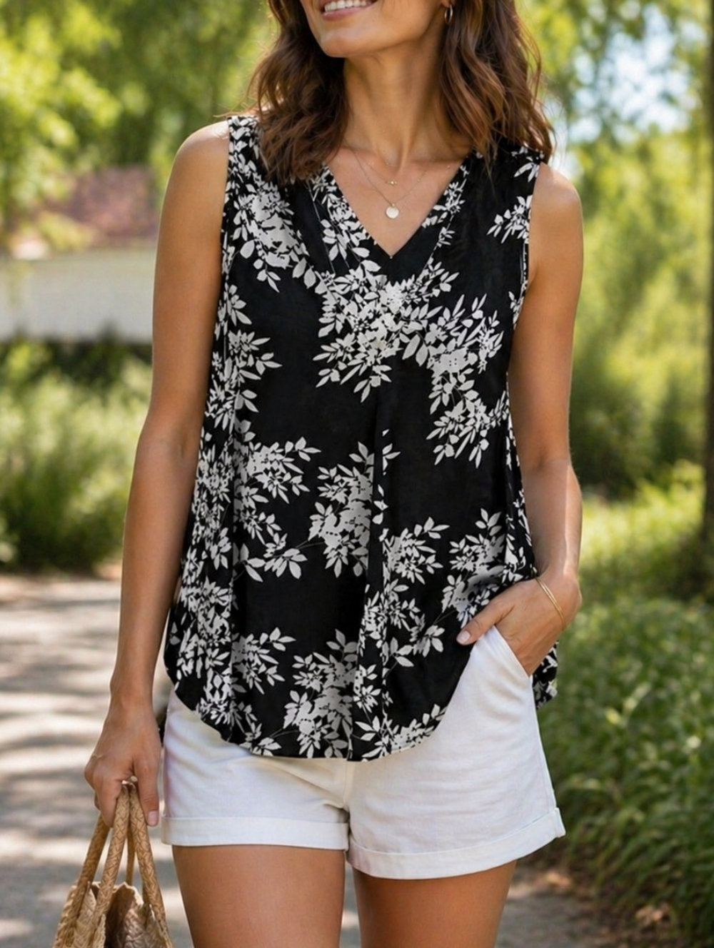 Vince Camuto Black & White Floral Sleeveless Blouse Lightweight V-Neck Top